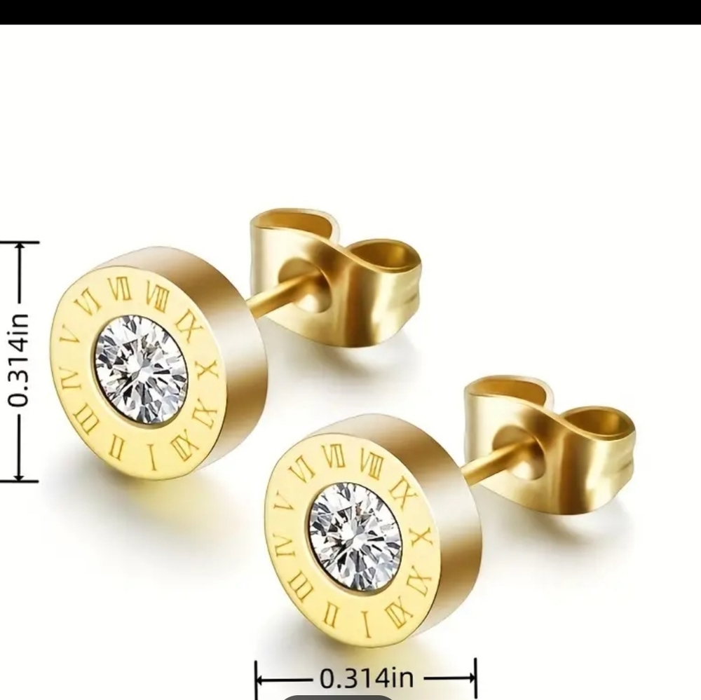 925 Silver Plated Stainless Steel Round Cut Zircon Roman Numerals Stud Earrings. - Picture 5 of 5